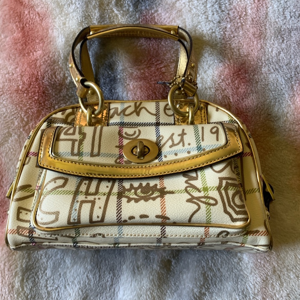 Authentic Coach-Stylish Gold and Cream Poppy Collection, Women's Handbag